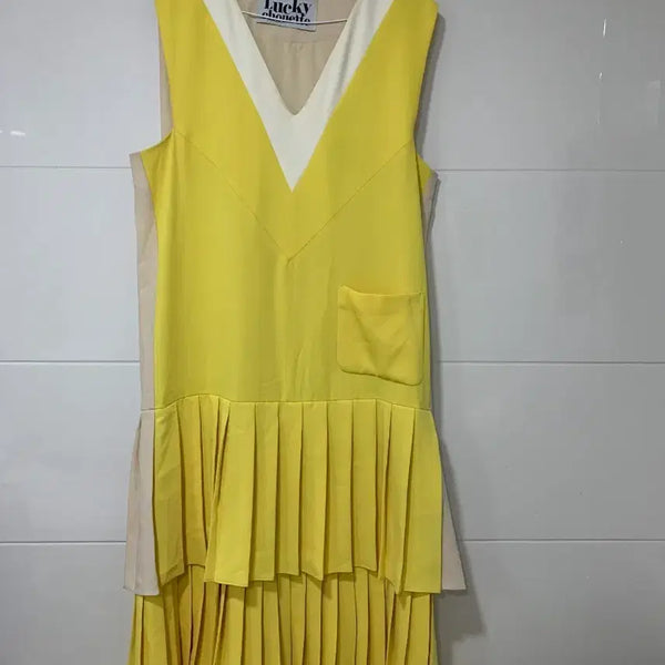 [BUNJANG] Lucky Chouette Asymmetric Pleated Dress Yellow / 럭키슈에뜨 옐로우 비대칭 플리츠 원피스38