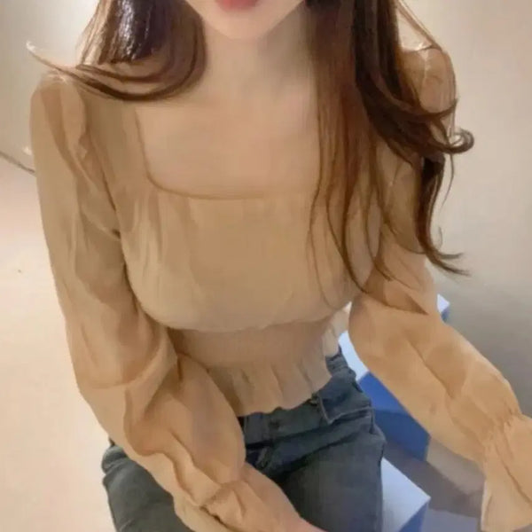 [BUNJANG] Wannabe Muse Square Neck Puff Shirring Blouse Peach Beige / 워너비뮤즈 스퀘어넥 퍼프 셔링 블라우스 새상품 피치베이지