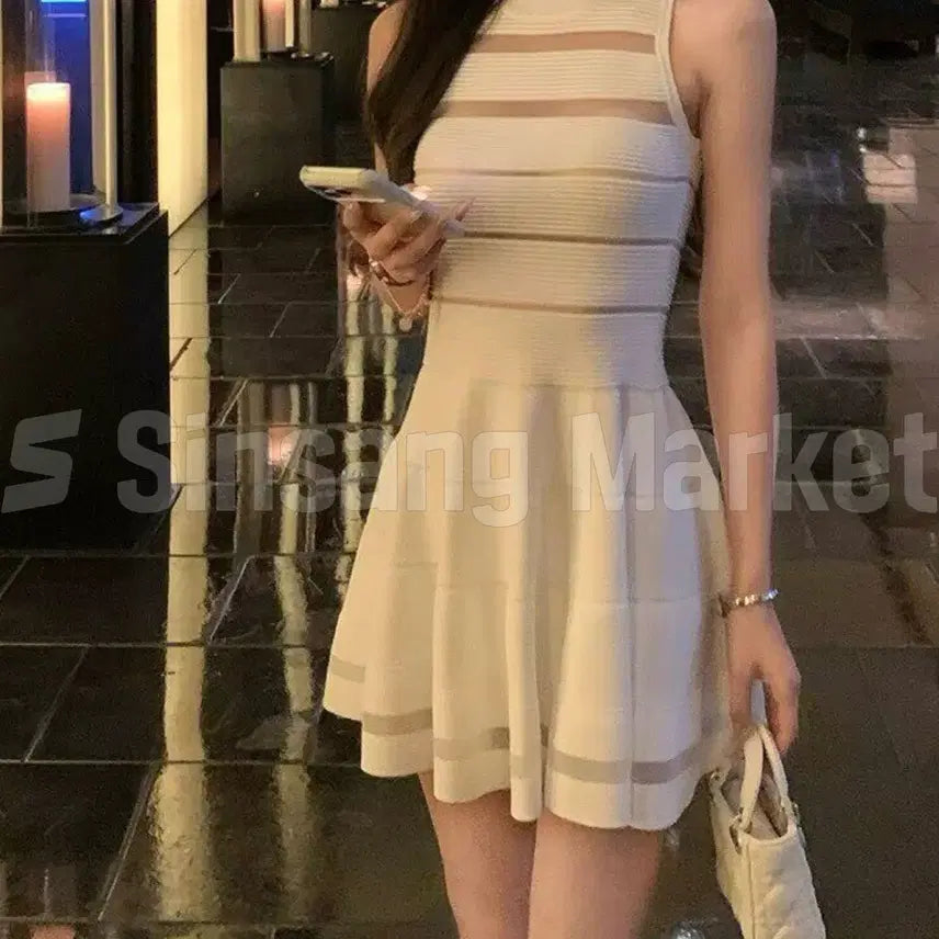 [BUNJANG] Mini Dress Knit See-through Flare Dress / [빠른발송] 미니 데이트 원피스 니트 시스루 플레어