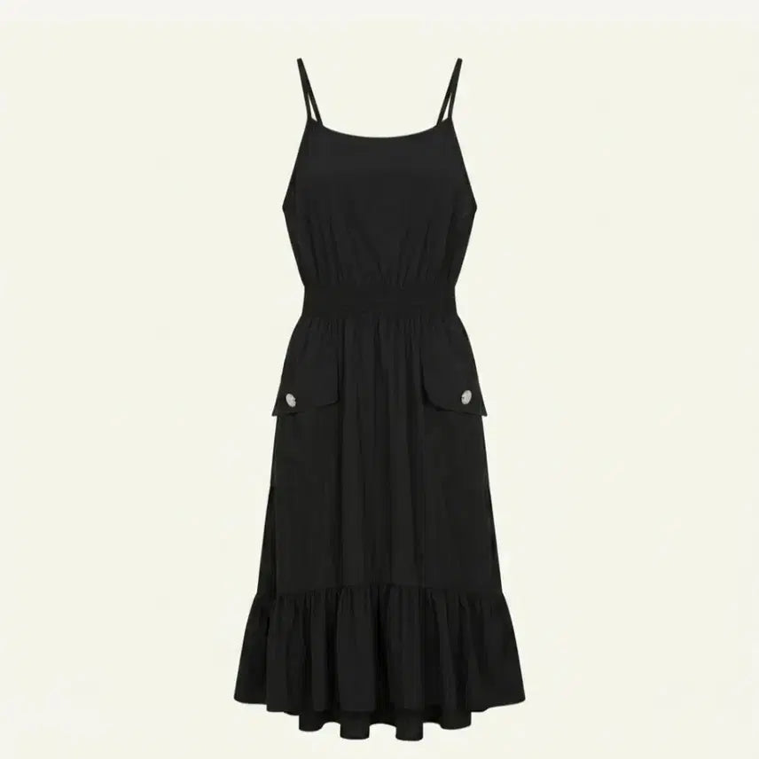 [BUNJANG] Black Spaghetti Strap Ruffle Long Dress / 블랙 끈나시 프릴 롱 원피스 휴양지룩