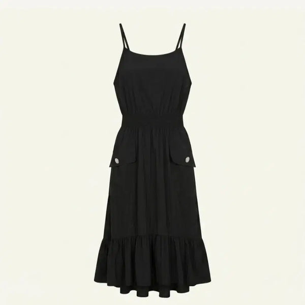 [BUNJANG] Black Spaghetti Strap Ruffle Long Dress / 블랙 끈나시 프릴 롱 원피스 휴양지룩