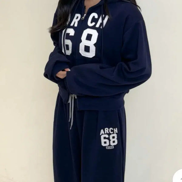 [BUNJANG] ZigZag Arc Patch Two-Way Setup Navy / 지그재그 아크 패치 투웨이 셋업 네이비