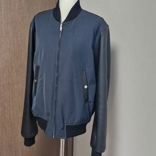 [BUNJANG] Sandro Homme Black Lambskin Sleeve Colorblock Blouson Jacket / 산드로옴므 (S/90~95) 소매램스킨배색 블루종쟈켓 블랙