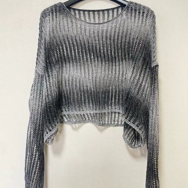 [BUNJANG] Sheer Two-Tone Mesh Crop Knit Top / 새상품) 시스루 투톤 크롭 그물 니트 여름 니트