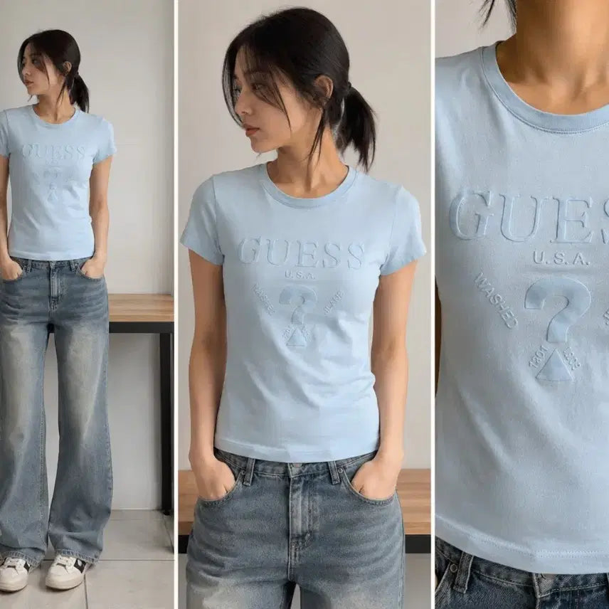 [BUNJANG] Guess Sky Blue Embossed Logo Women's Short Sleeve T-Shirt / 게스 스카이블루 음각로고 여성 반팔티