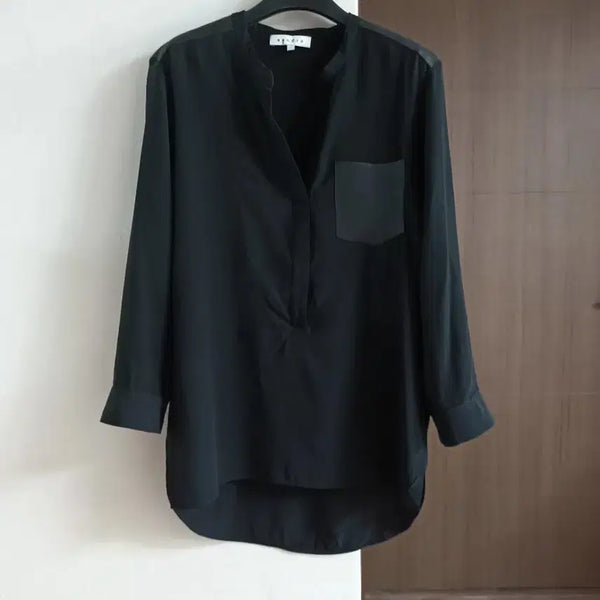 [BUNJANG] Sandro Women's 3/4 Sleeve Shirt Blouse with Leather Pocket / 산드로 셔츠형 블라우스 칠부 소매