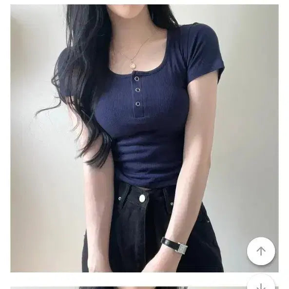 [BUNJANG] U-Neck Ribbed Short Sleeve Semi-Crop T-Shirt Navy / 유넥골지 반팔 세미크롭 네이비남색 여름학생여성의류 에이블리무신사교신