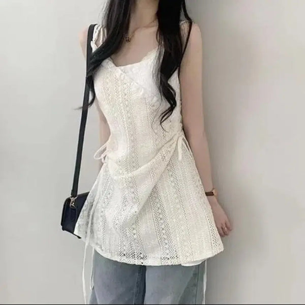 [BUNJANG] White Lace Layered Camisole Mini Dress / 레이스 래이어드 나시 원피스