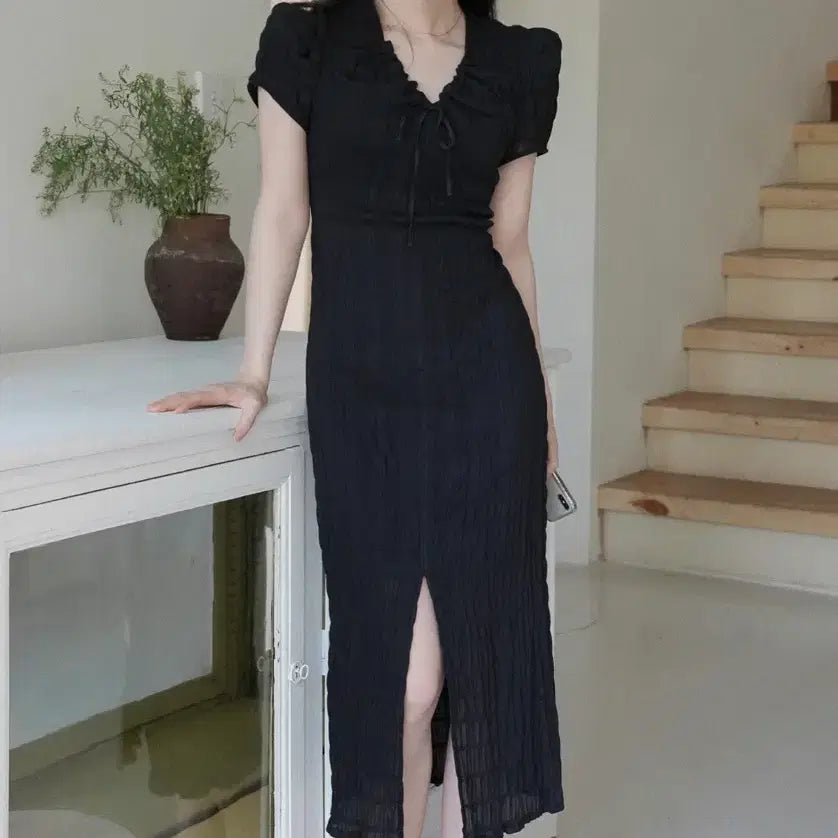 [BUNJANG] Nuart Flerint Wrinkle Texture Dress Black S / 누아르테 플로린트 링클 텍스쳐 원피스 블랙S