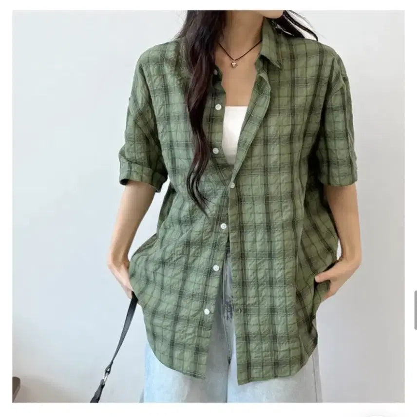 [BUNJANG] Checkered Boxy Fit Short-Sleeve Shirt Khaki / 에이블리 박시핏 체크 반팔셔츠 카키색 판매합니다!