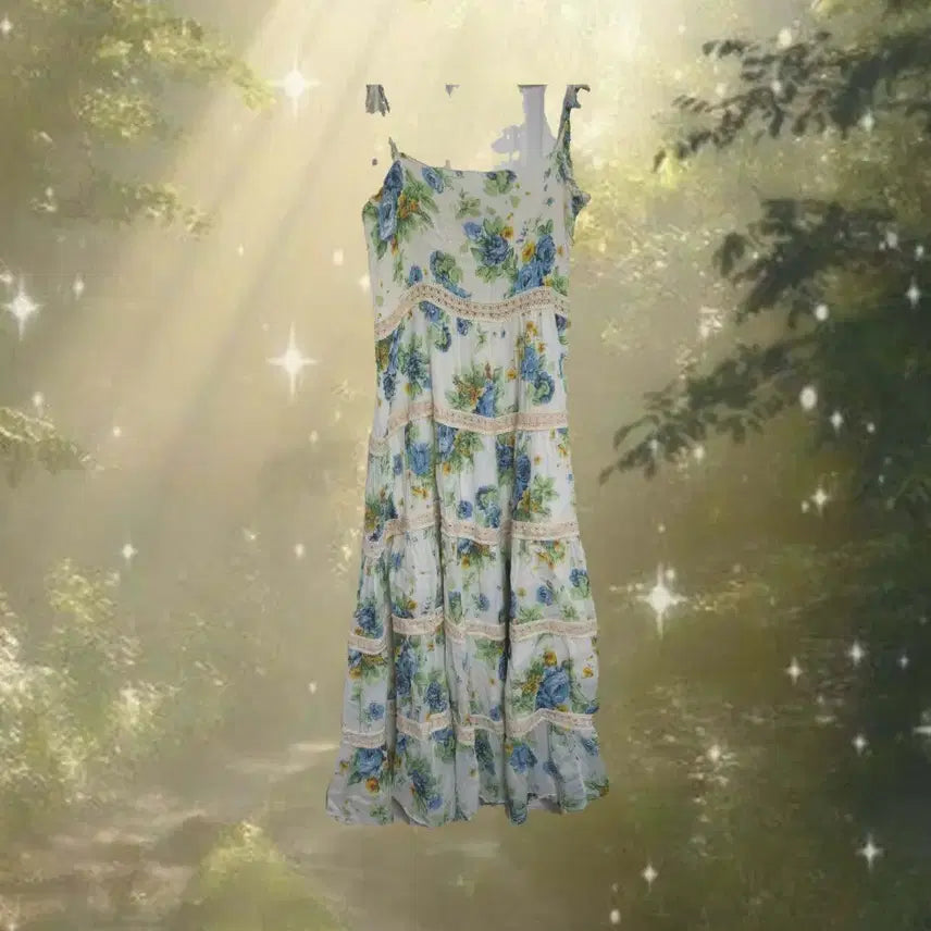 [BUNJANG] SpRay Blue Rose Crochet Ruffle Long Dress / [SpRay] 일본빈티지 블루 로즈 크로셰 캉캉 롱 원피스 (모리걸/빈티지) 하구미 바선생 사와코 라떼갸루 히메갸루 오리엔탈