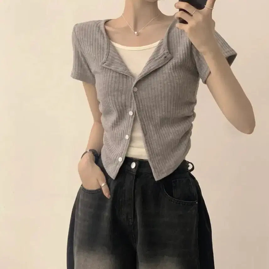 [BUNJANG] Layered Short Sleeve Cardigan T-Shirt Top / 에이블리 레이어드 옆셔링 반팔가디건 티셔츠 상의 옷 판매