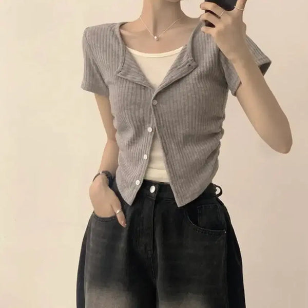 [BUNJANG] Layered Short Sleeve Cardigan T-Shirt Top / 에이블리 레이어드 옆셔링 반팔가디건 티셔츠 상의 옷 판매