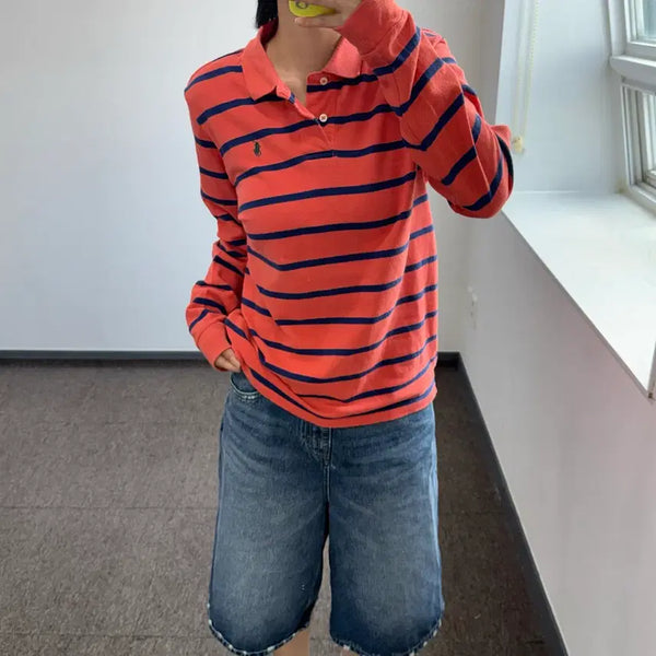 [BUNJANG] Polo Ralph Lauren Dark Green Pony Orange Stripe Collar Long Sleeve / Polo 폴로 다크 그린 포니 오렌지 스트라이프 카라 롱슬리브