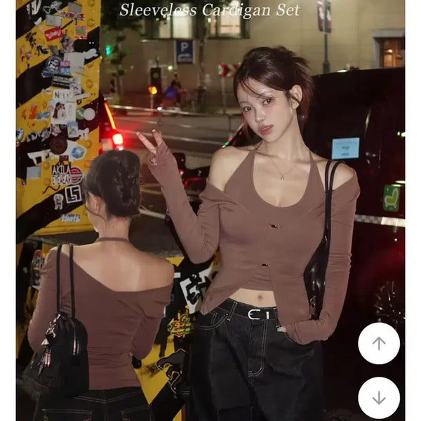 [BUNJANG] Hipnatic Halterneck Cardigan Set - Wine / 히프나틱 홀터넥 가디건 세트 와인색