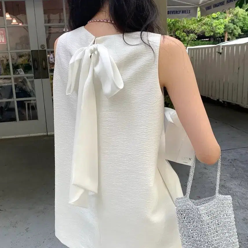 [BUNJANG] Le Plain Back Ribbon White Mini Dress / (새제품/실사/당배) 르플레인 백 리본 화이트 원피스