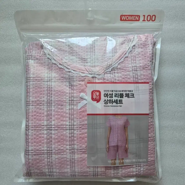 [BUNJANG] Women's 100% Ripple Check Top & Bottom Pajama Set / 새제품 100 여성 리플 체크 상하세트 잠옷 홈웨어 이지웨어