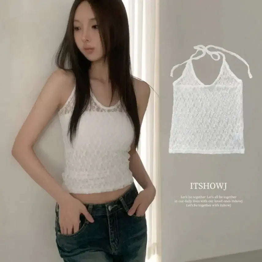 [BUNJANG] Ablie See-through Lace Halter Neck Sleeveless Top / [새상품] 에이블리 홀터넥 시스루 레이스 나시