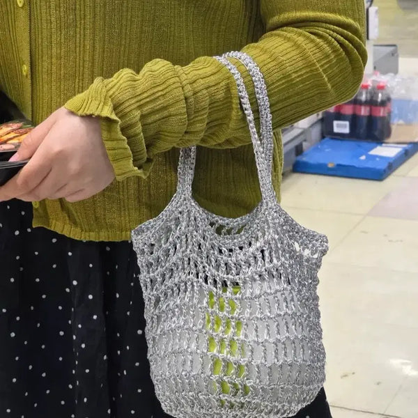 [BUNJANG] Handmade Silver Metallic Thread Net Mini Tote Bag / 실버 메탈실 네트무늬 미니 토트백 새제품