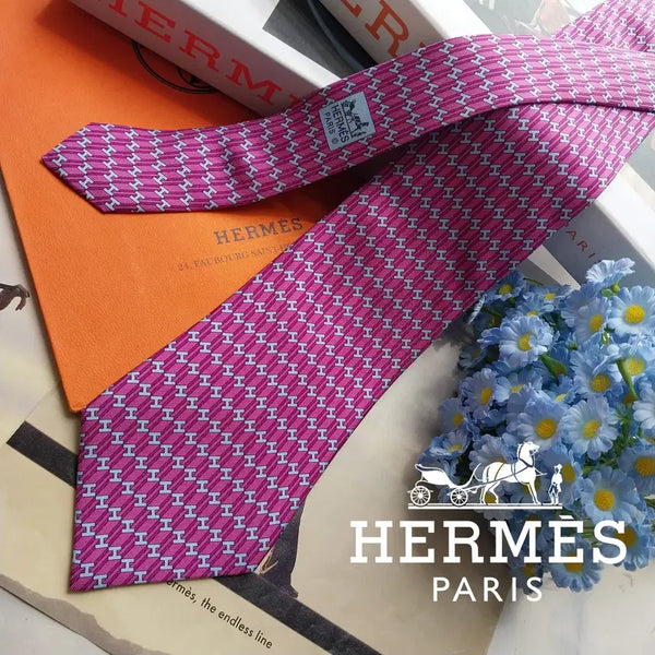 [BUNJANG] Hermes Silk H Motif Tie 9.7cm / HERMES 에르메스 실크 진한 분홍 H 모티브 패턴 넥타이 9.7cm A+등급 k3240