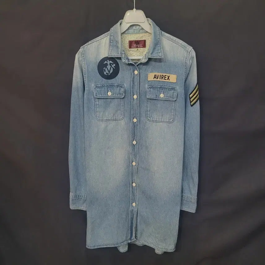 [BUNJANG] AVIREX Vintage Long Denim Wappen Shirt Mini Dress / AVIREX 아비렉스 빈티지 롱 데님 와팬 롱셔츠 미니 원피스
