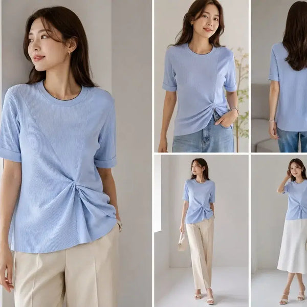[BUNJANG] KEITH LONDON Sky Blue Twisted Short Sleeve Knit Top Size 95 / [키스 (KEITH)] 키이스 스카이 블루 꼬임 포인트 반팔 니트 (95사이즈)