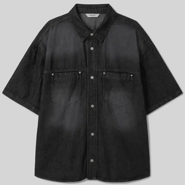 [BUNJANG] Eight Seconds Western Washed Denim Short Sleeve Shirt Black L / (새상품) 에잇세컨즈 블랙 웨스턴 워싱데님 반팔셔츠 L (454865DP14)