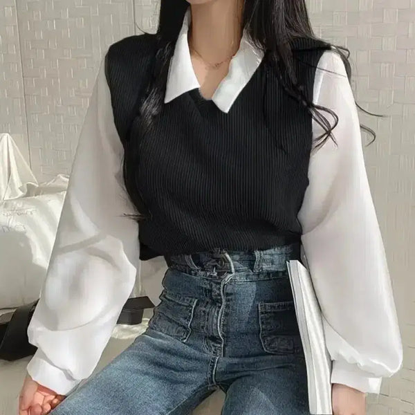 [BUNJANG] Layered Vest Blouse T-Shirt / 새상품 블랙 조끼 레이어드 블라티