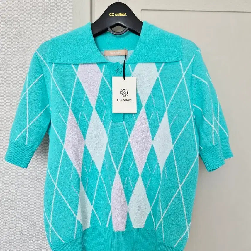 [BUNJANG] CC Collect Argyle Pattern Short Sleeve Collar Knit / 씨씨콜렉트 아가일 패턴 반팔 카라 니트