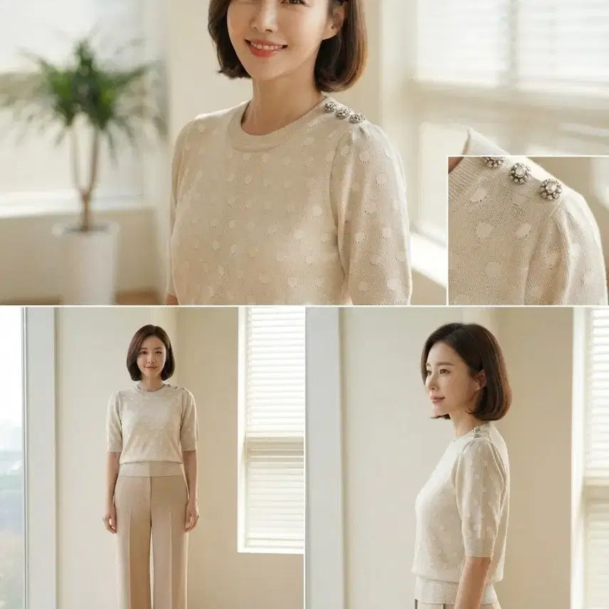 [BUNJANG] MINE Dot Punch Short Sleeve Knit (Cream) / 22년[한섬] 마인 (MINE) 도트 펀칭 어깨 버튼 반팔 니트 (F사이즈)