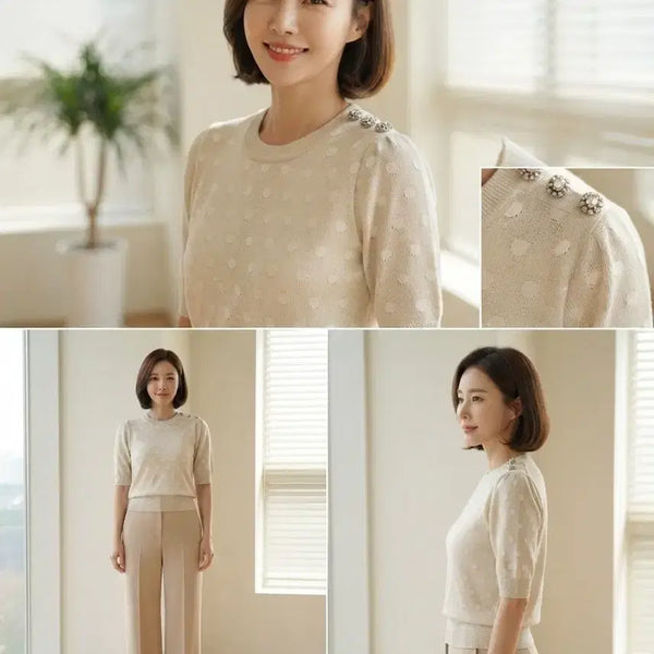 [BUNJANG] MINE Dot Punch Short Sleeve Knit (Cream) / 22년[한섬] 마인 (MINE) 도트 펀칭 어깨 버튼 반팔 니트 (F사이즈)