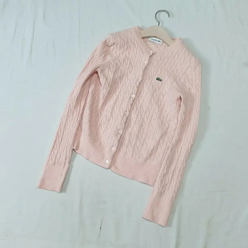 [BUNJANG] Lacoste Pink Cable Knit Cardigan / 라코스테 연핑크 케이블 니트 가디건 34