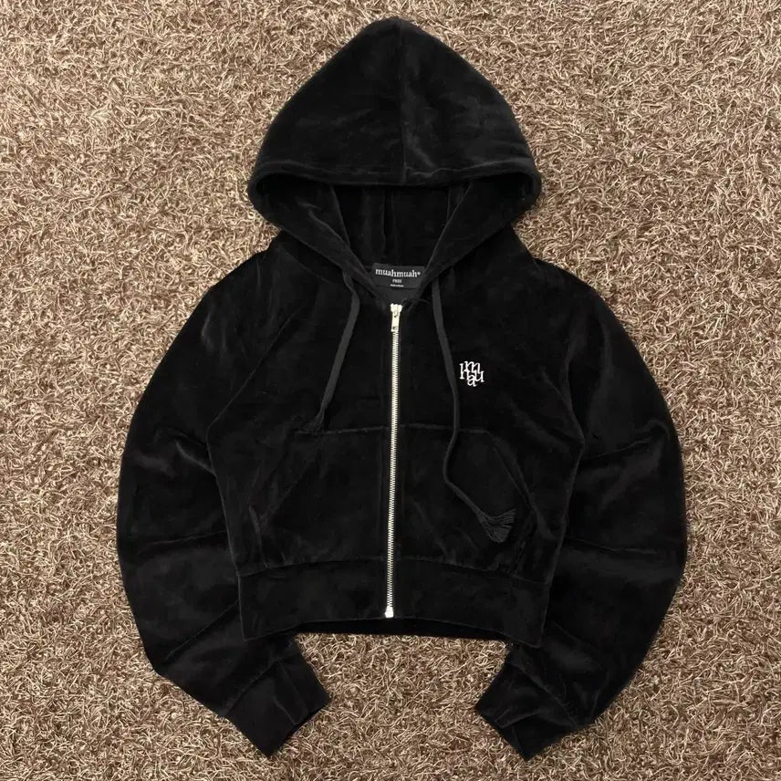 [BUNJANG] MuaMUA Velvet Cropped Hoodie Zip-Up / F 무아무아 벨벳 크롭 후드집업