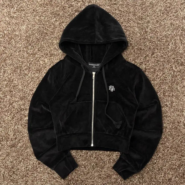 [BUNJANG] MuaMUA Velvet Cropped Hoodie Zip-Up / F 무아무아 벨벳 크롭 후드집업