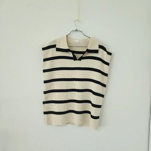 [BUNJANG] Beige Black Striped Oversized Knit Vest / 베이지 블랙 오버핏 스트라이프 단가라 니트