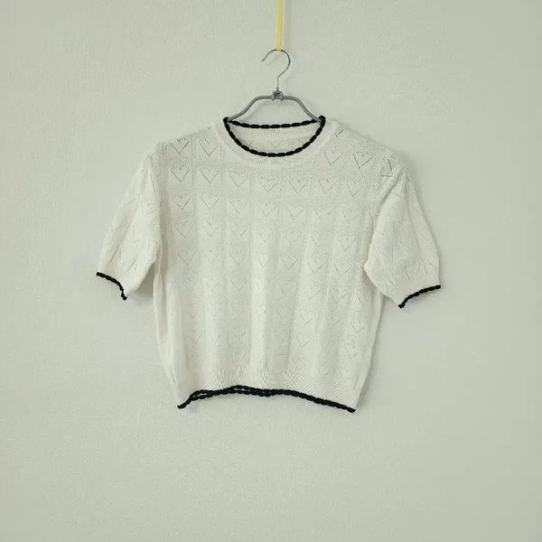 [BUNJANG] Color Block Knit Short Sleeve Top / 기여운 니트 반팔 니트 화이트 블랙 배색