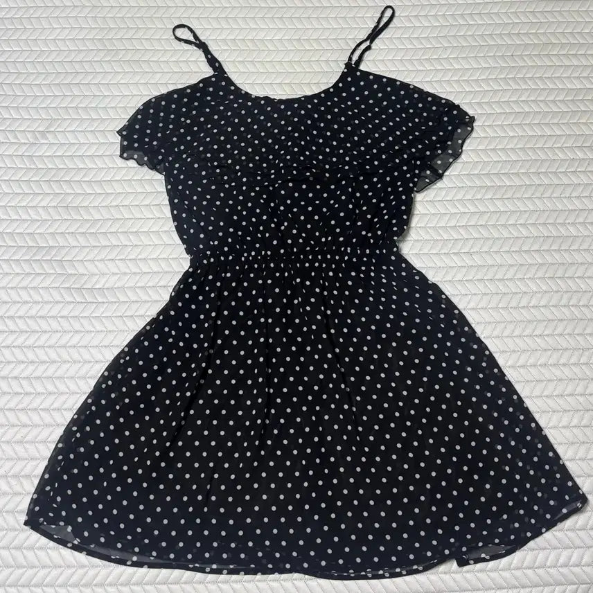 [BUNJANG] Black Dot Pattern Chiffon Mini Dress / 블랙 도트 패턴 쉬폰 원피스 새상품