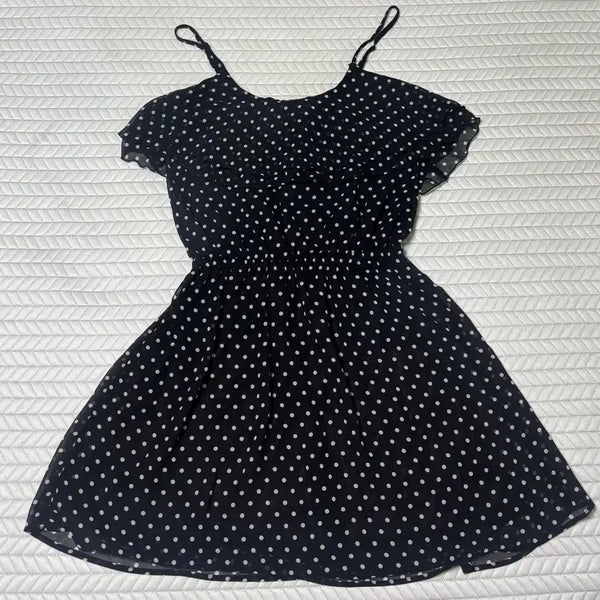[BUNJANG] Black Dot Pattern Chiffon Mini Dress / 블랙 도트 패턴 쉬폰 원피스 새상품