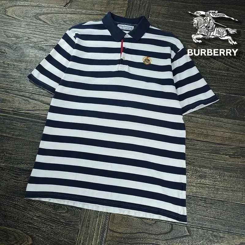 [BUNJANG] Burberry Vintage Striped Logo Embroidered Rouge Fit Polo Shirt / 버버리 로고 자수 빈티지 루즈핏 스트라이프 카라티 P01964