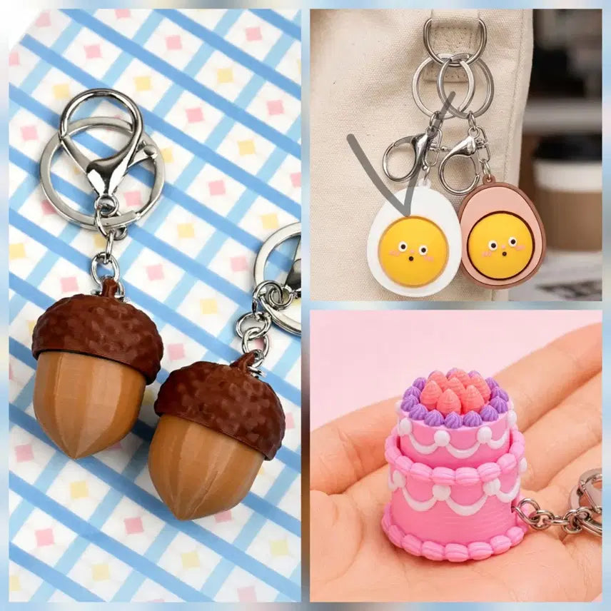 [BUNJANG] 3-Piece Clicker Keychain Set: Acorn, Fried Egg, Cake / [새상품] 도토리/계란후라이/케이크 클리커 클릭커 키링 3종 세트