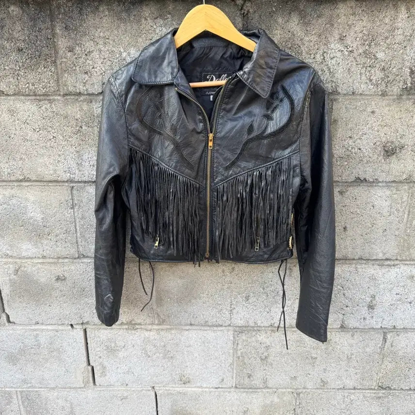 [BUNJANG] 80s Dallas Western Leather Fringe Jacket Black Women / 80s dallas 빈티지 웨스턴 가죽 프린지 자켓 블랙 우먼