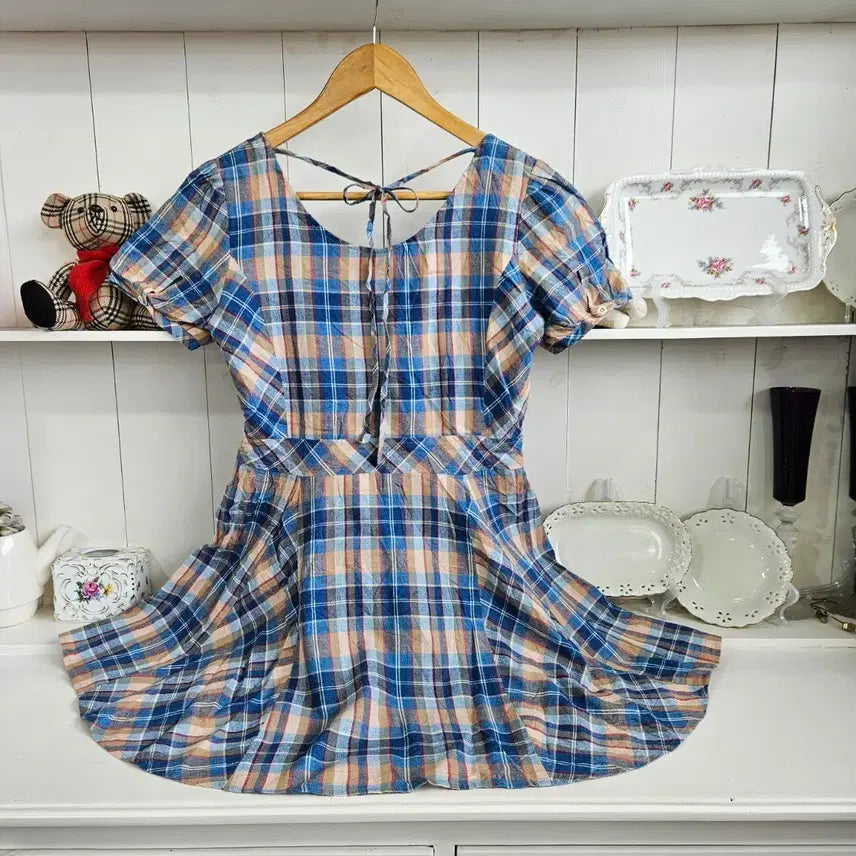 [BUNJANG] MILKFED. Blue Check Puff Sleeve Dress / 블루 체크 퍼프 원피스