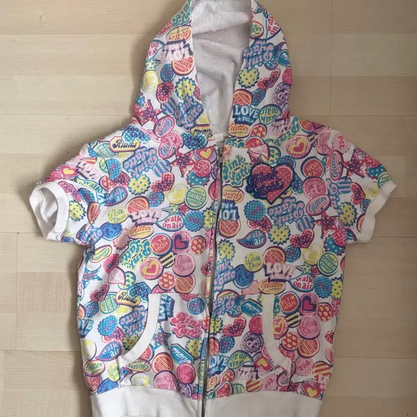 [BUNJANG] Pink Latte Japanese Vintage Pattern Short Sleeve Hoodie Zip-up / pink latte 일본 빈티지 패턴 반팔 후드집업