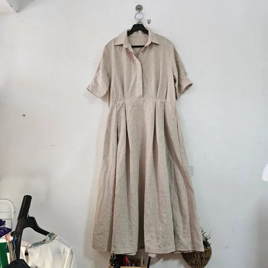 [BUNJANG] Beige Linen Shirt Dress / 베이지 린넨 셔츠 원피스