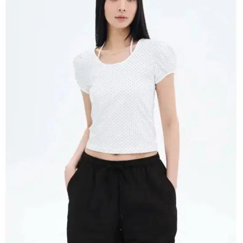 [BUNJANG] 8 Seconds Polka Dot Puff Sleeve T-shirt White / 에잇세컨즈 도트 패턴 퍼프 소매 티셔츠  화이트