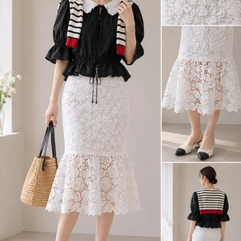 [BUNJANG] Double Frill Neck Balloon Puff Blouse & System Lace Mermaid Skirt Set / 1. 이중프릴넥 벌룬퍼프 블라우스.2 시스템 레이스 스커트