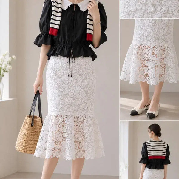 [BUNJANG] Double Frill Neck Balloon Puff Blouse & System Lace Mermaid Skirt Set / 1. 이중프릴넥 벌룬퍼프 블라우스.2 시스템 레이스 스커트