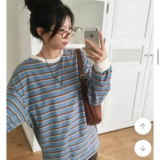 [BUNJANG] Striped Long-Sleeve T-Shirt Blue Brown / 줄무늬 긴팔 티셔츠 블루 브라운