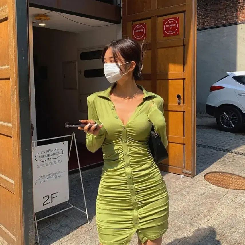 [BUNJANG] Lime Shirring Dress / 갸루 셔링셔츠 라임원피스