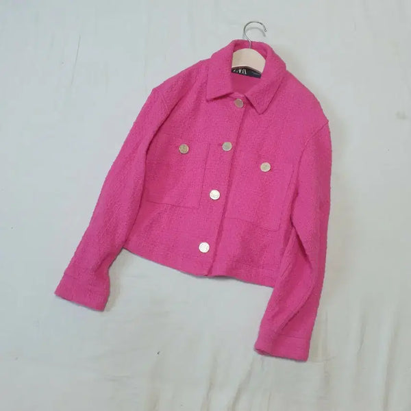 [BUNJANG] Zara Pink Tweed Cropped Jacket / 자라 핑크 트위드 크롭 자켓